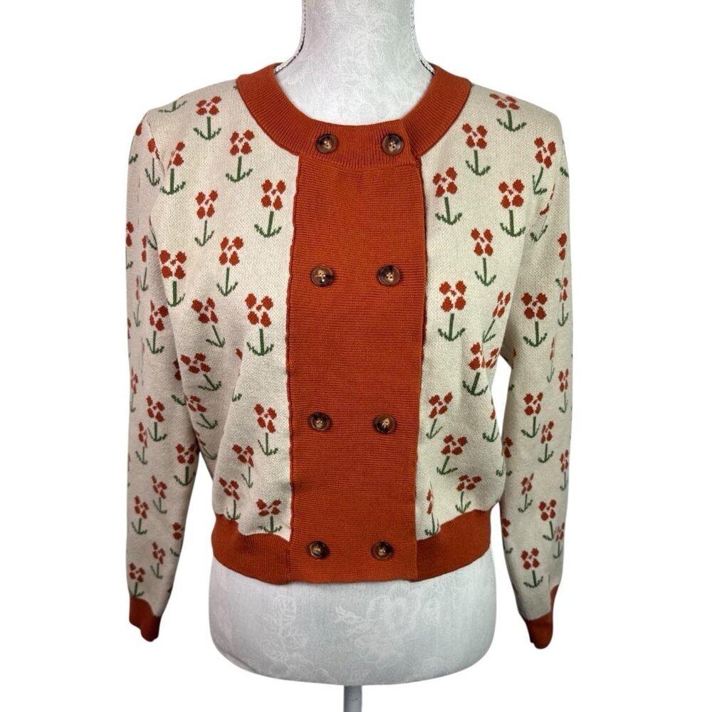 DAZY Women's S Crew LS Double Breasted‎ Button Cardi Sweater Rust Floral EUC